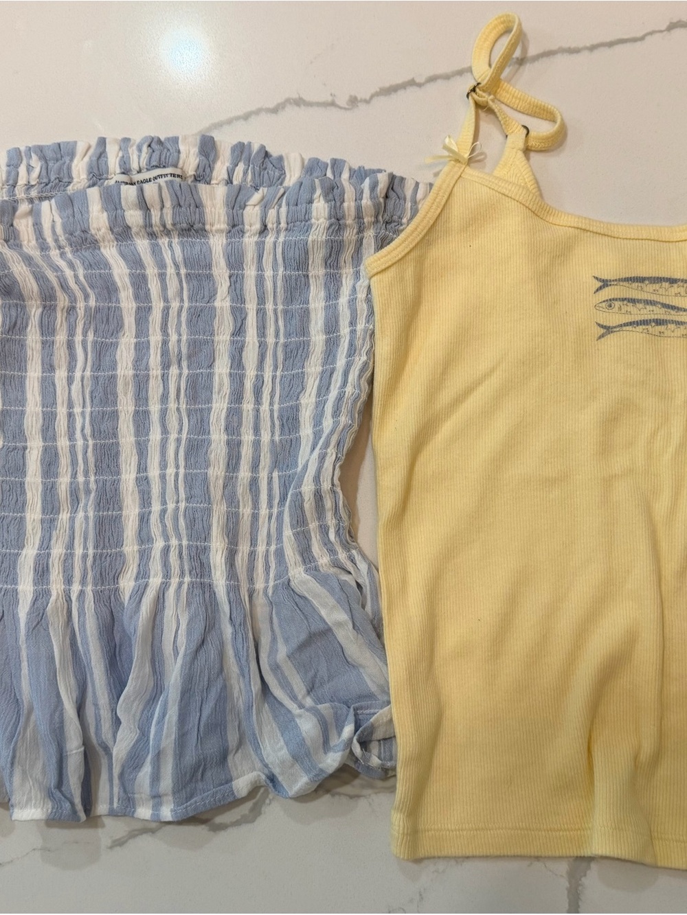 American Eagle Blue & White Striped Smocked tank + Hollister Yellow Tank